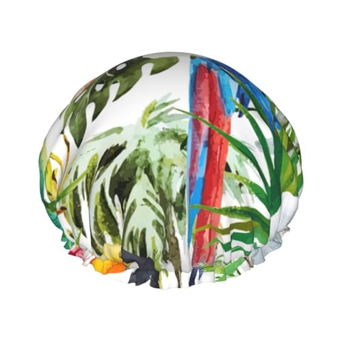 Tukane Papageien-Palmen-Blätter-Druck-Duschhaube, elastisch und wiederverwendbar, Badehaarmut für langes Haar, große wasserdichte Duschhaube, für Damen, Herren, Kinder von MyPiky