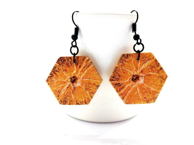 Einzigartige Sechseck Mandarine Ohrringe - Quirky Handgemachter Holz Schmuck Fun & Geschenk Einzigartiges von MySassyDecoupage