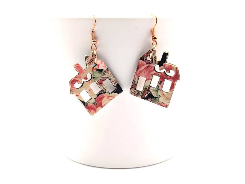 Handgemachte Blumenhaus-Ohrringe - Einzigartige Geschenkidee Schrullige Ohrringe in Hausform Aus Holz Bunte Hausohrringe Lustiges Einzigartiges von MySassyDecoupage