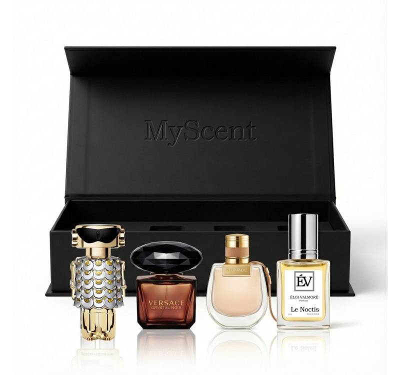 MyScent® Duft-Set Miniatur Parfum Set 4 Mini Parfüms für Damen & Herren – Duftset, zum Testen, Reisen oder Verschenken – inklusive Geschenkbox von MyScent®