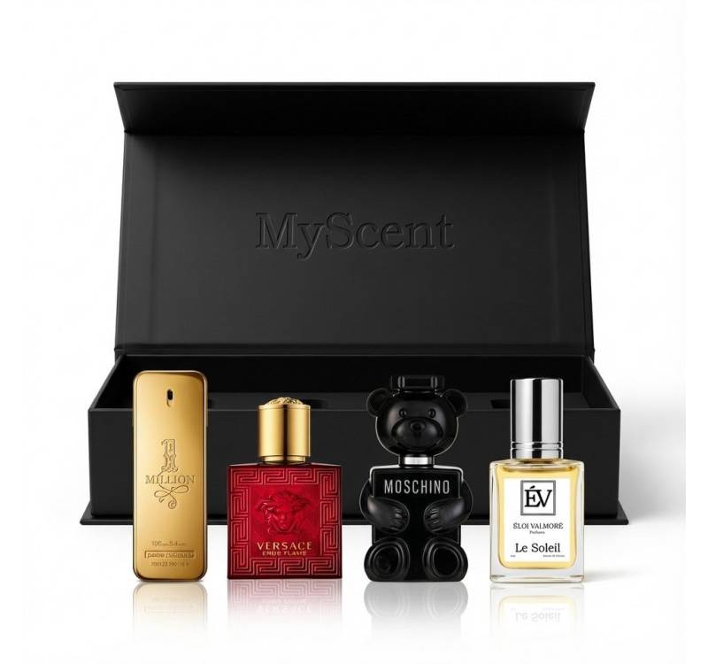 MyScent® Duft-Set Miniatur Parfum Set 4 Mini Parfüms für Damen & Herren – Duftset, zum Testen, Reisen oder Verschenken – inklusive Geschenkbox von MyScent®