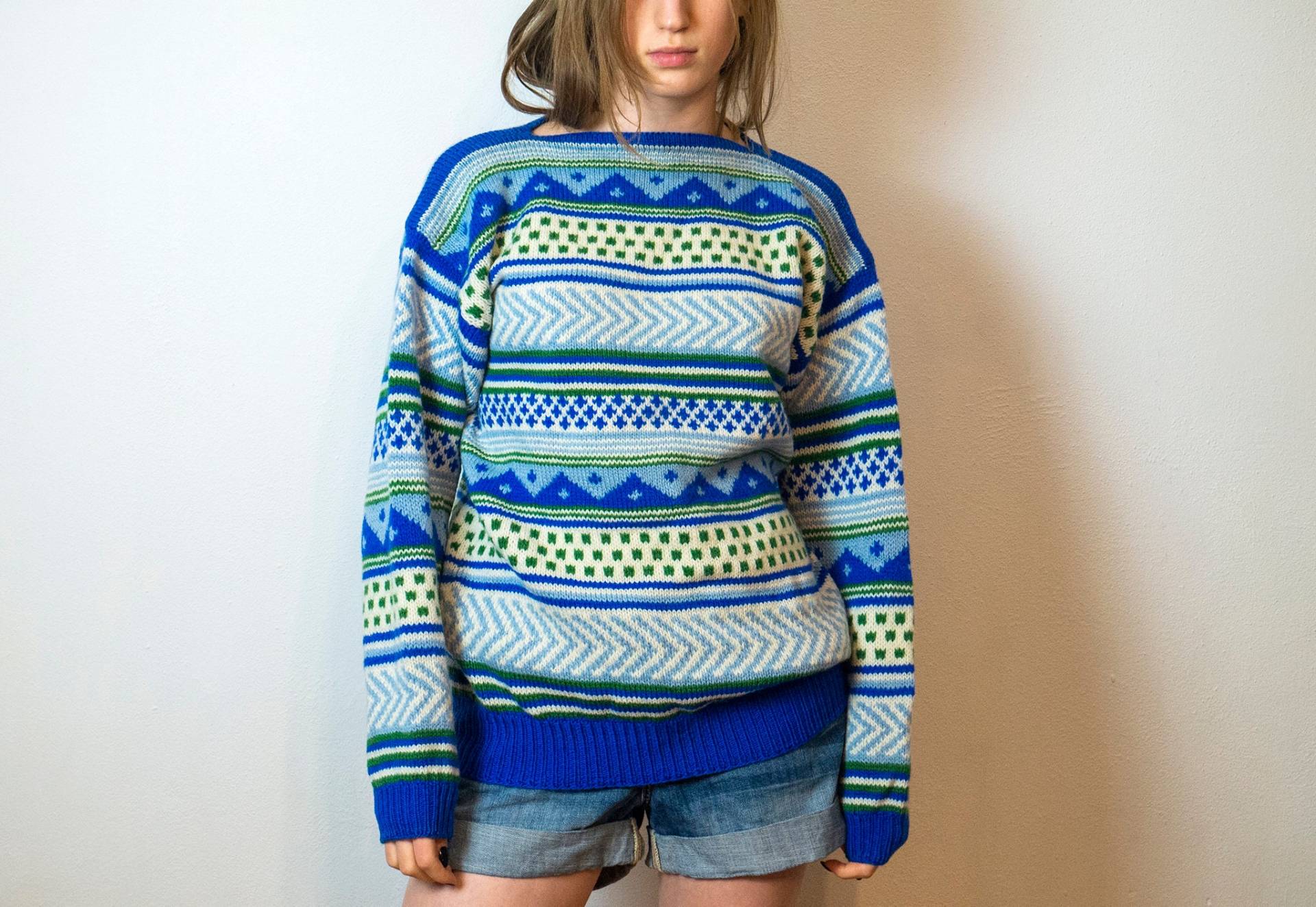 Vintage Pullover Für Damen/strick - Und Wollpullover Grün-Blauer 90Er Jahre Bunter Retro Größe M von MySecondSkinShop