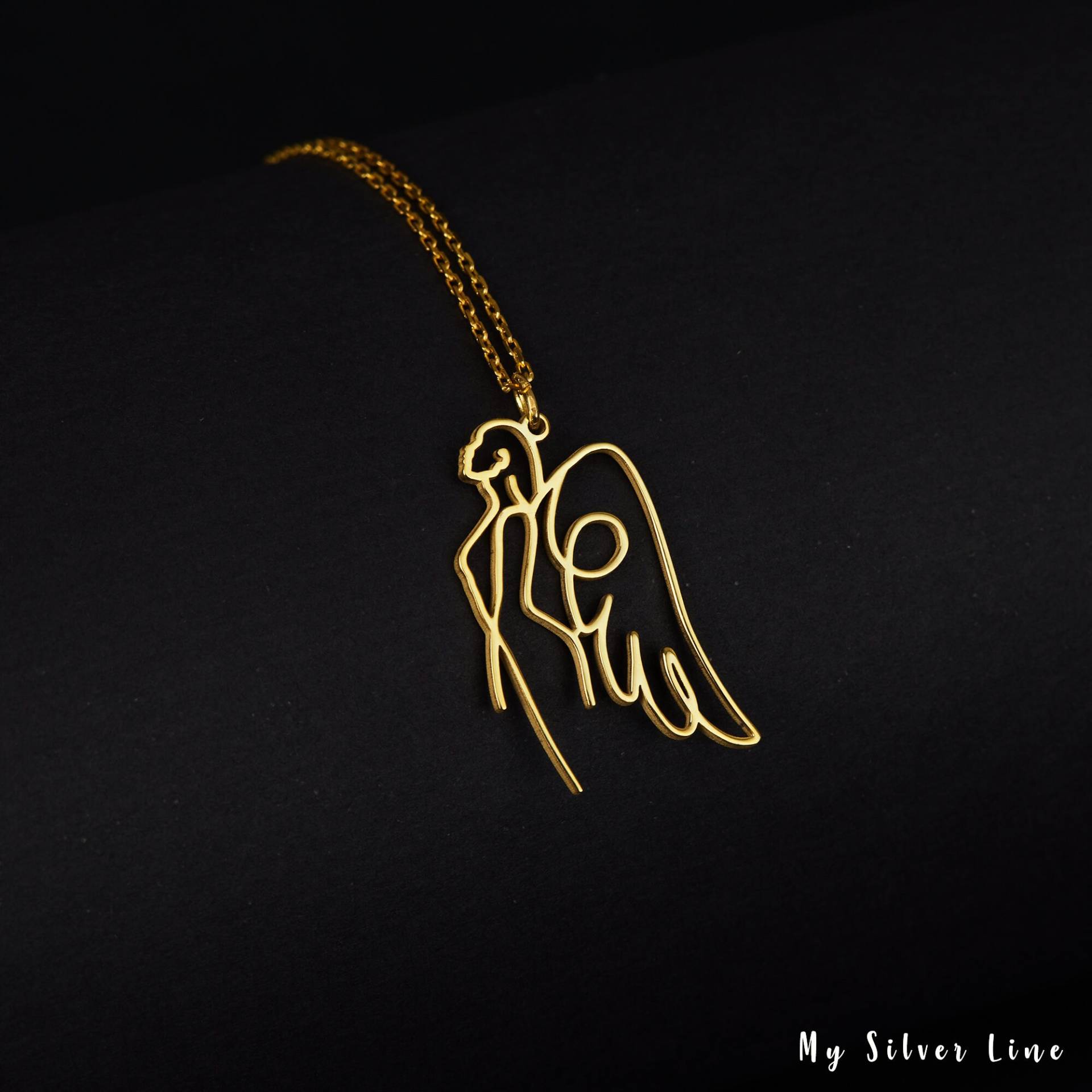 Engelsflügel Line Art Halskette, Silber Geschenk Für Sie, Schmuck, Zierliche Engel Anhänger von MySilverLine