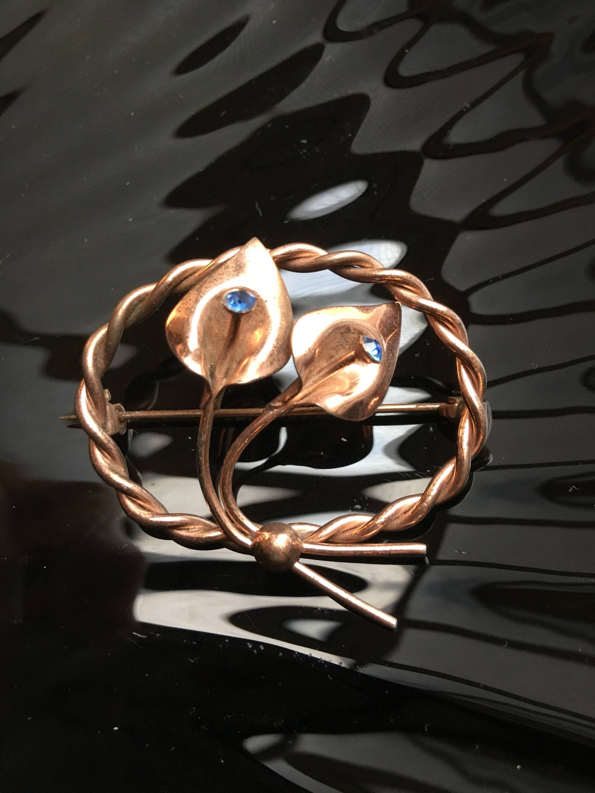 Art Deco Cala Lily Mit Aqua Edelstein Mittelteil Oval Durchbrochene Revers Pin, Cooper/sterling Mischung Alte Vintage Brosche 30Er-40Er Jahre - Es von MySoulRepair