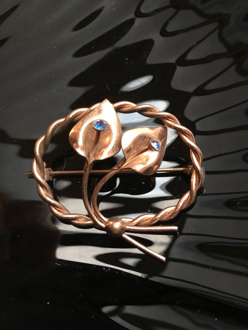 Art Deco Cala Lily Mit Aqua Edelstein Mittelteil Oval Durchbrochene Revers Pin, Cooper/sterling Mischung Alte Vintage Brosche 30Er-40Er Jahre - Es von MySoulRepair