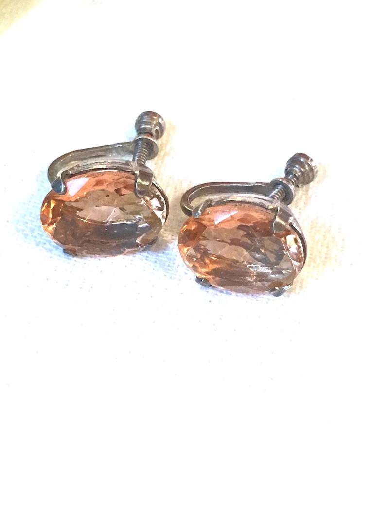 Vintage Pfirsich Kristall Strass Ohrringe, Silber Ohrhänger, 40Er-50Er Jahre von MySoulRepair