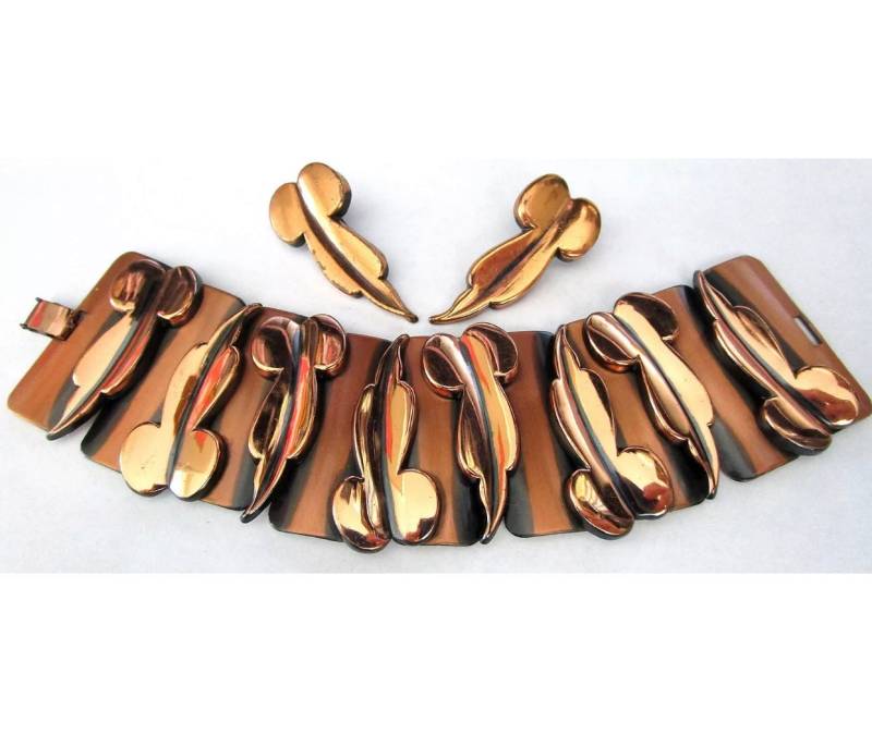 Renoir Kupferblätter Vintage Armband Und Ohrringe Set, Mid Century Modernist Manschette Passende Ohrclips von MySoulRepair