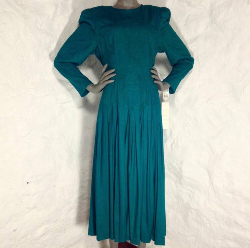 Vintage Marie St Claire Smaragd Grün Teal Bestickte Brosche 80Er Jahre Midi Kleid Größe 14 von MySoulRepair