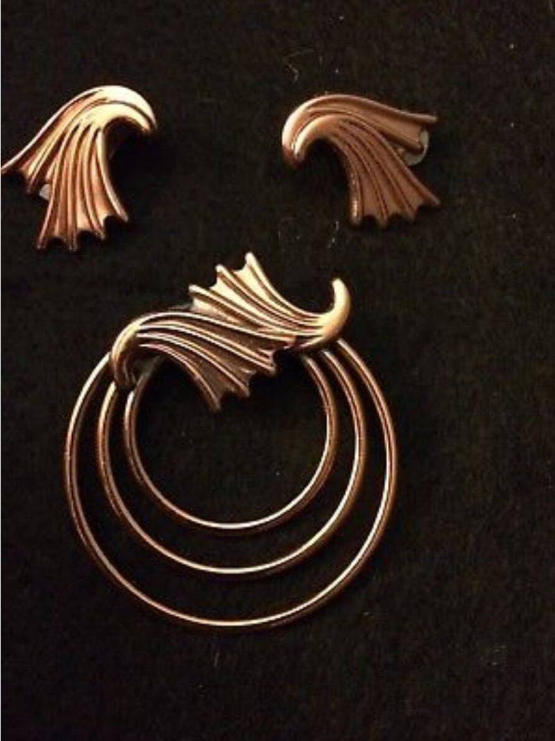 Vintage Mid Century Modern Renoir Kupfer Brosche & Ohrringe Alle Signiert, Parure von MySoulRepair