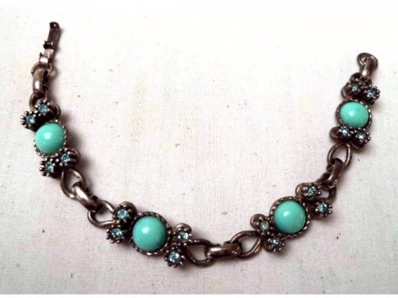 Vintage Zustand Sterling Silber 925 Teal Strass & Türkis Farbene Perlen Verbunden Armband von MySoulRepair