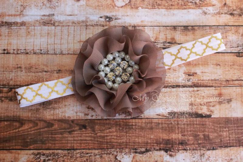 Braun Und Gold Sparkle Couture Chiffon Rüsche Blume Mit Perlen & Strass - Baby Stirnband Mädchen von MySweetPeaCouture