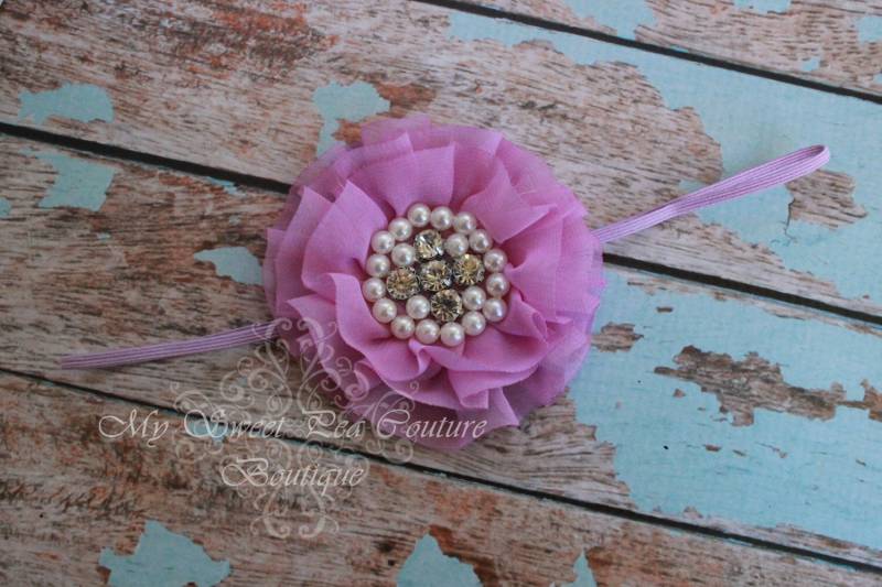 Lilac Sparkle Couture Chiffon- Rüschenblume Mit Perlen & Strass - Baby Stirnband Mädchen von MySweetPeaCouture