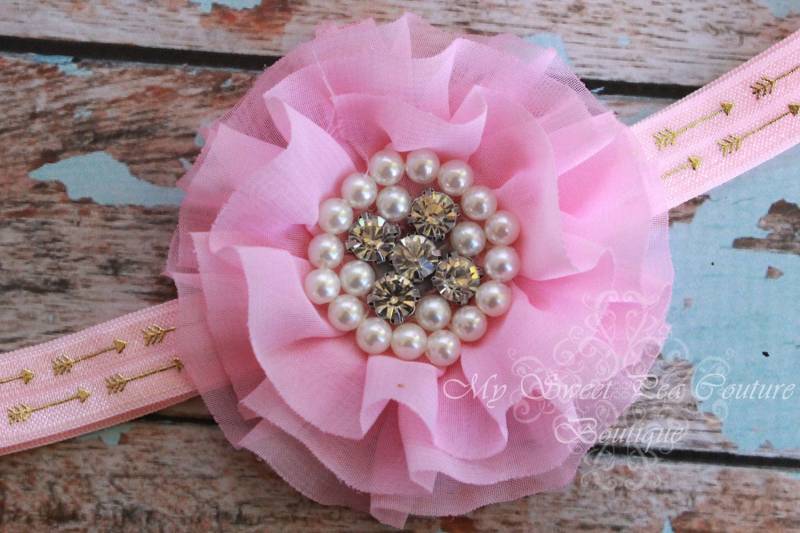 Pink Sparkle Couture Chiffon- Rüschenblume Mit Perlen & Strass - Baby Stirnband Mädchen von MySweetPeaCouture