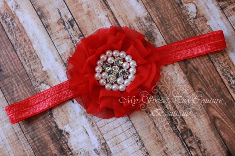 Red Sparkle Couture Chiffon Rüsche Blume Mit Perlen & Strass - Baby Stirnband Mädchen von MySweetPeaCouture