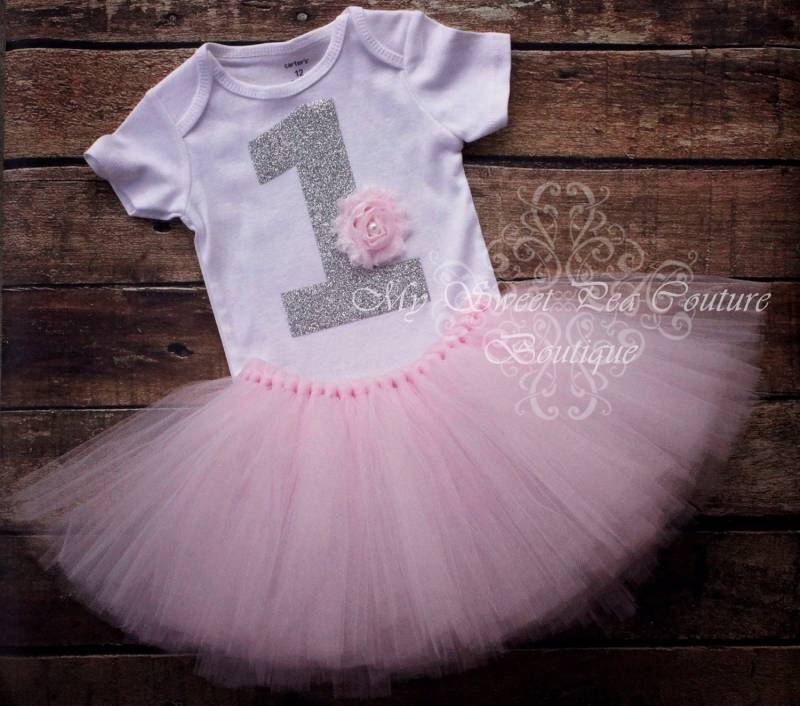 Rosa 1. Geburtstag Tutu Outfit Glitzer Shirt Silber Kuchen Smash 1 von MySweetPeaCouture