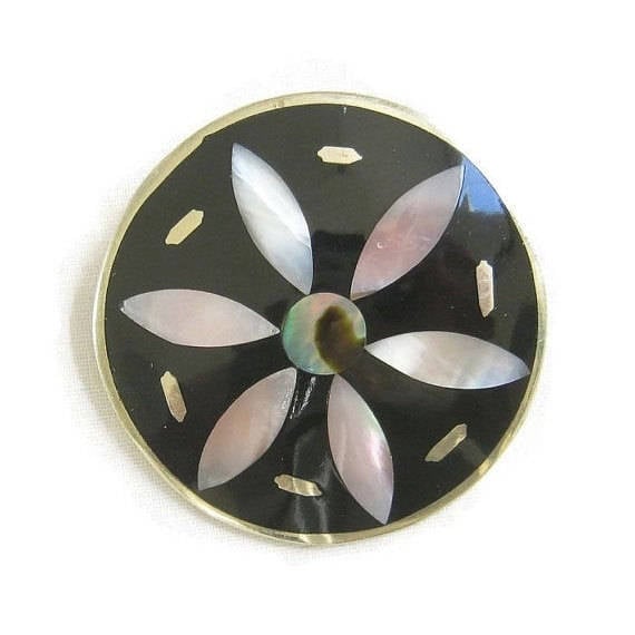 Alpaka Silber Perlmutt Perle Blumenbrosche Oder Anhänger Jahrgang Abalone Mop-Inlay von MyVintageJewels
