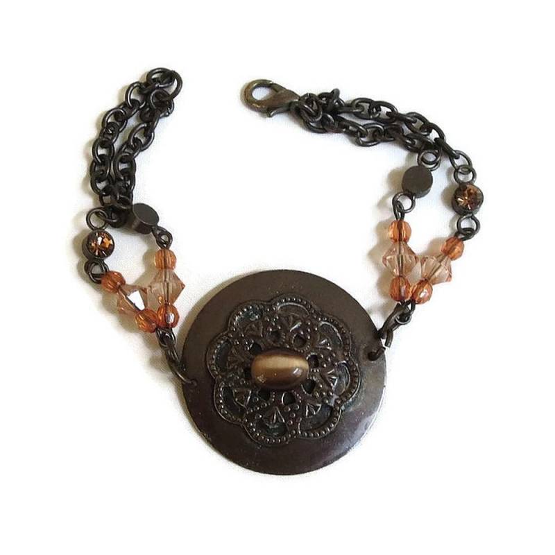 Echtem Tigerauge Medaillon Armband Mit Perlen Und Kupfer-Kette Vintage von MyVintageJewels