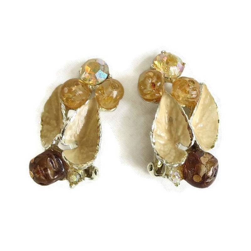 Emaille Blatt Ohrringe Mit Kristallen & Aurora Borealis Strass Vintage von MyVintageJewels