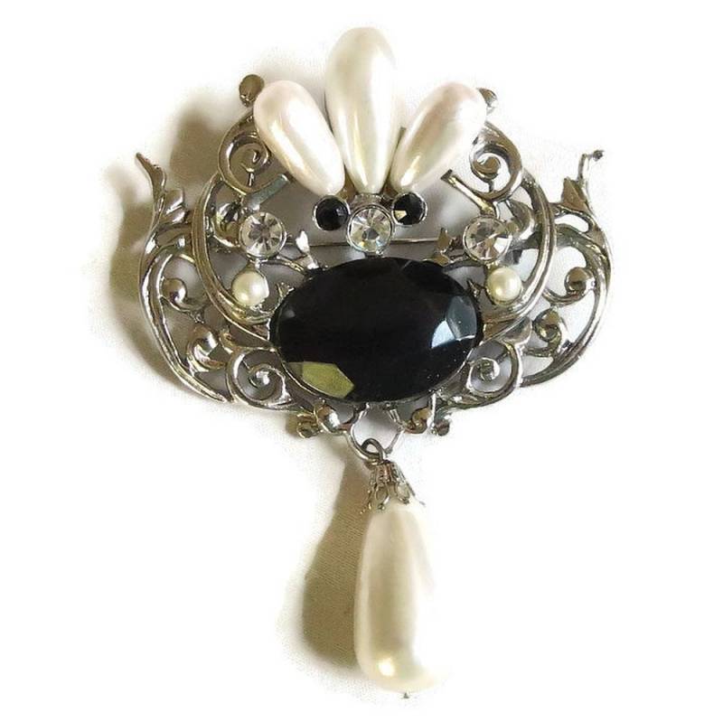Großen Faux Perlen & Strass Baumeln Brosche Schwarz Und Altweiß Statement von MyVintageJewels