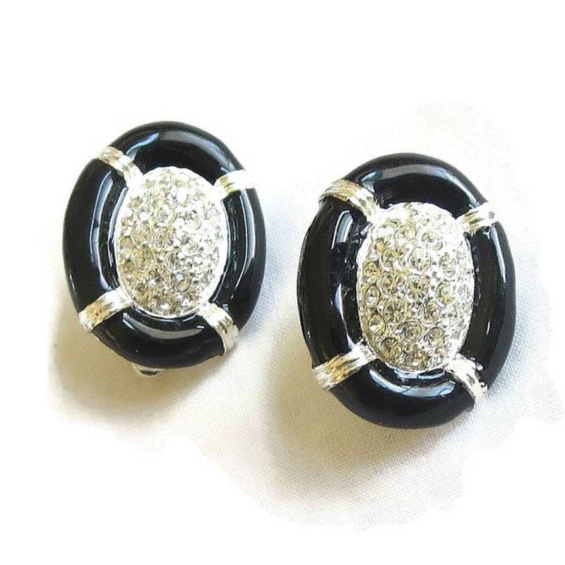 Pflaster Strass Ovale Ohrringe Mit Schwarzen Emaille Vintage von MyVintageJewels