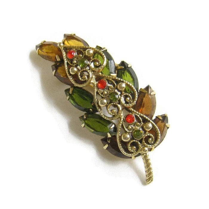 Vintage Juliana Style Topas, Grün Und Orange Strass Filigrane Blatt Brosche Oder Anstecknadel Vintage Juliana Style Topas, Grün Und Orange Strass Filigrane Blatt Brosche Oder Anstecknadel von MyVintageJewels