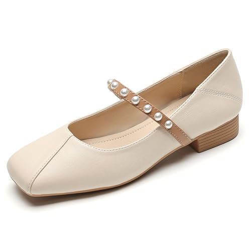Damen Klassische Mode Square Toe Low Heel Mary Jane Schuhe Klassisch und Bequem Eine Linie mit Perle Dicke Absätze Mary Jane Schuhe, Farbe: Aprikose., 36 EU von Myallfeet