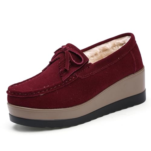 Damen Quaste Wildleder Plüsch Keilförmige Sportschuhe Mode Dicke Sohle Gewölbt Casual Loafers Samt Quaste Bogen Keil Freizeitschuhe, Rot/Ausflug, einfarbig (Getaway Solids), 38 EU von Myallfeet