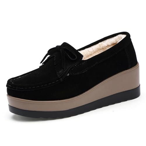 Damen Quaste Wildleder Plüsch Keilförmige Sportschuhe Mode Dicke Sohle Gewölbt Casual Loafers Samt Quaste Bogen Keil Freizeitschuhe, Schwarz, 39 EU von Myallfeet
