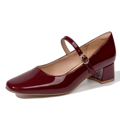 Damen Retro Square Toe Flach Geschnitten Mary Jane Schuhe Mode Lackleder Handgefertigte Schnalle Low Heels Mary Jane High Heels, Rot/Ausflug, einfarbig (Getaway Solids), 35 EU von Myallfeet