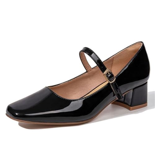 Damen Retro Square Toe Flach Geschnitten Mary Jane Schuhe Mode Lackleder Handgefertigte Schnalle Low Heels Mary Jane High Heels, Schwarz, 37 EU von Myallfeet