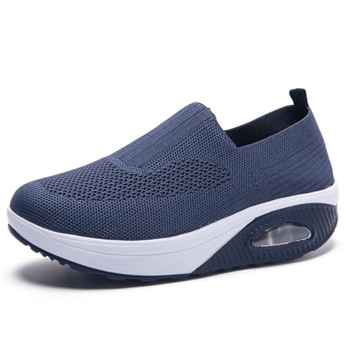 Myallfeet Damen Slip-on Luftpolster Erhöhung Dicke Sohle Sport und Freizeit Schuhe Mesh Stretch Dicke Sohle Sneakers Casual Body Shaping Rocker Schuhe, Dunkelblau, 36 EU von Myallfeet