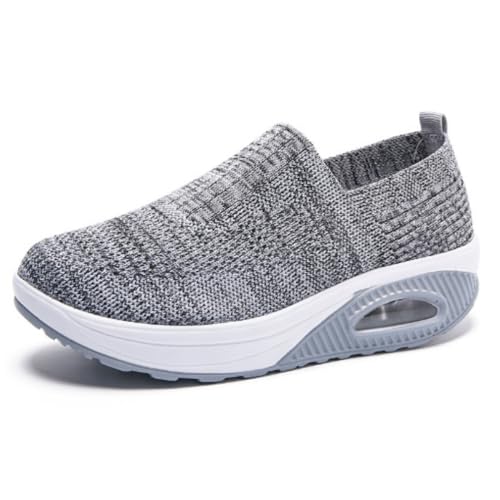 Myallfeet Damen Slip-on Luftpolster Erhöhung Dicke Sohle Sport und Freizeit Schuhe Mesh Stretch Dicke Sohle Sneakers Casual Body Shaping Rocker Schuhe, Hellgrau, 42 EU von Myallfeet