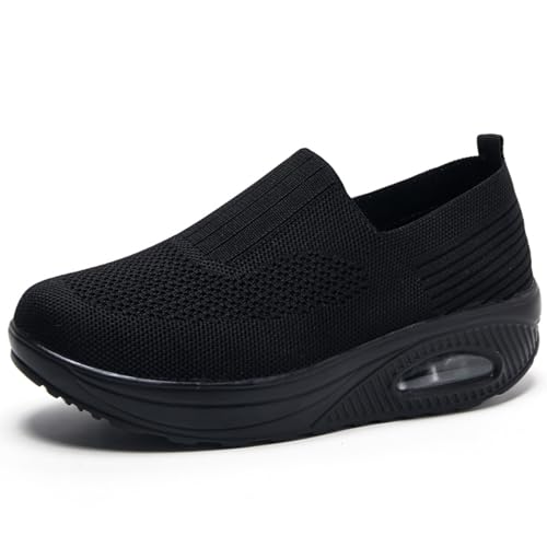 Myallfeet Damen Slip-on Luftpolster Erhöhung Dicke Sohle Sport und Freizeit Schuhe Mesh Stretch Dicke Sohle Sneakers Casual Body Shaping Rocker Schuhe, Schwarz, 39.5 EU von Myallfeet