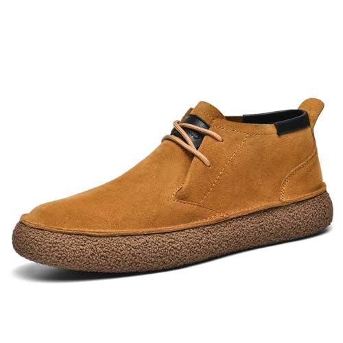 Myallfeet Herren-Sneaker aus mattiertem Leder, Wildleder, mittelhoch, Retro, lässig, modisches Design, Walking-Stiefel, klassisch, rutschfest, Schnürung, Wildleder, Oxford-Sneaker, Braun, 47 EU von Myallfeet