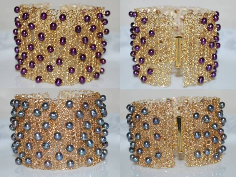 Gestricken Draht Rollrand Armband Wire Jewelry Süsswasserperlen Manschette, Häkeln von MyasCreations