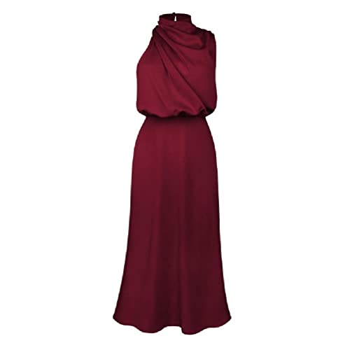 Myazs Damenkleid mit Stehkragen, Empire-Taille, ausgestellt, schmale Passform, Satin, langes Kleid, ärmellos, asymmetrisch, einfarbig, Cocktail-Abendkleid, Satinkleid für Frauen, Hochzeitsgäste von Myazs