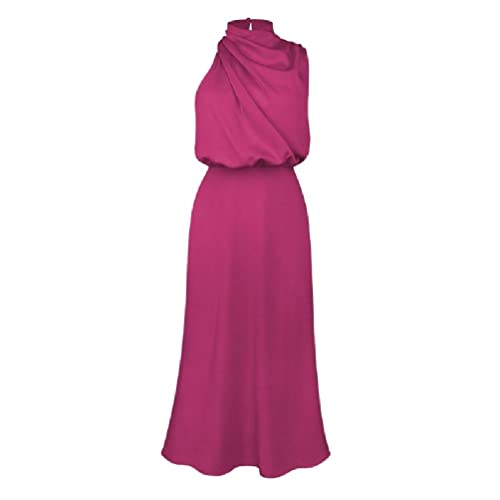 Myazs Damenkleid mit Stehkragen, Empire-Taille, ausgestellt, schmale Passform, Satin, langes Kleid, ärmellos, asymmetrisch, einfarbig, Cocktail-Abendkleid, Satinkleid für Frauen, Hochzeitsgäste von Myazs