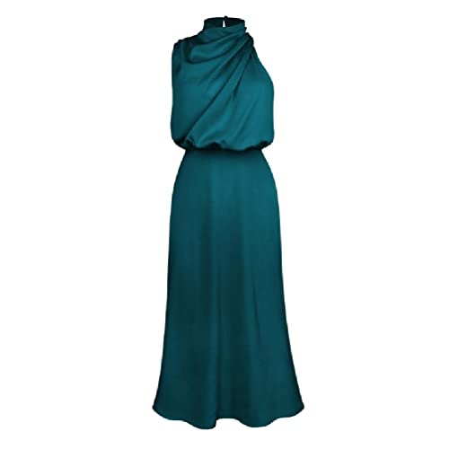 Myazs Damenkleid mit Stehkragen, Empire-Taille, ausgestellt, schmale Passform, Satin, langes Kleid, ärmellos, asymmetrisch, einfarbig, Cocktail-Abendkleid, Satinkleid für Frauen, Hochzeitsgäste von Myazs