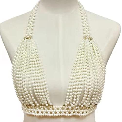 Myazs Frauen Imitation Perle Halfter Bikini BH Sexy Rückenfrei Boho Brust Körperkette Schmuck Quaste Geschirr Strandkleidung Zubehör Kette Bralette von Myazs