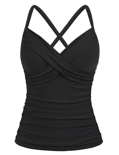 Mycoco Damen Bügel-Tankini-Oberteil Kreuz Vorne V-Ausschnitt Badeoberteil Gerafft Bauchkontrolle Badeanzüge Top, Schwarz, 42 von Mycoco