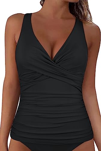 Mycoco Damen Bügel-Tankini-Top Twist V Ausschnitt Push Up Swim Top Rüschen Badeanzug Tops Only, Schwarz, 40 von Mycoco