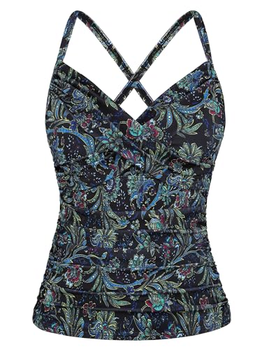 Mycoco Damen Bügel-Tankini-Top gekreuzt vorne V-Ausschnitt Push Up Badeoberteil geraffte Bauchkontrolle Badeanzug Tops, Schwarz-grün-Blumenmuster, 40 von Mycoco