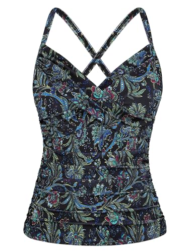 Mycoco Damen Bügel-Tankini-Top gekreuzt vorne V-Ausschnitt Push Up Badeoberteil geraffte Bauchkontrolle Badeanzug Tops, Schwarz-grün-Blumenmuster, 42 von Mycoco