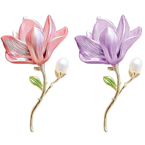 2Stück Perlen Blumen Brosche Damen Rosa Lila Magnolien Blumenbrosche 3D Magnolias Flower Broches Damen Legierung Magnolienblüte Floral Broschen Für Kleidung Hochzeit Bankett Schmuck Accessoires von Myhiju