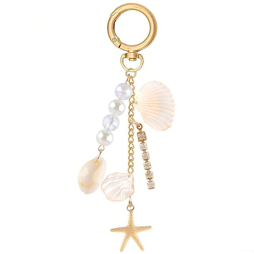Gold Seestern Muscheln Strand Schlüsselanhänger Damen Muschel Sea Shell Sommer Taschenanhänger Marine Ozean Strasssteine Perlen Seashell Bag Charms Ozeanisch Taschen Anhänger Keychain Aesthetic von Myhiju