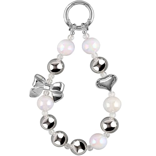 Herz Schleife schlüsselanhänger Damen Weiß Silber Perlen Heart Bow Taschenanhänger Damen Key Chain Acryl Bow Bag Charms Taschen Anhänger Tasche Cute Keychain Aesthetic Bowknot Autoschlüsselanhänger von Myhiju