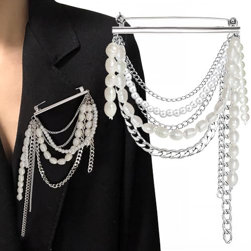 Metall Kette Perle Quaste Brosche Damen Silber Ketten Weiße Perlen Anhänger Broches Damen Y2K Punk Ästhetik Brooch Pins Mehrlagig Tassel Chain Dekorativ Broschen Für Kleidung Outfits Accessoires von Myhiju
