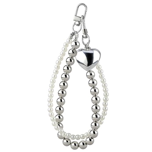 Süß Schlüsselanhänger Damen Weiß Perlen Silber Perlen Herz Anhänger Taschenanhänger Bag Charm Doppelte Kette Y2K Schlüsselanhänger Mädchen Key Chain Cute Keychain Aesthetic Autoschlüsselanhänger von Myhiju