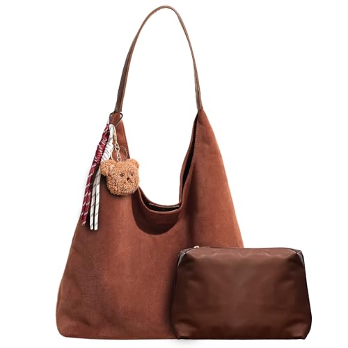 Myhozee Braun Wildleder Tasche Groß Tote Bag Handtasche Damen Slouchy Bag Suede Vintage Schultertasche Hobo Bag Damen Umhängetasche Shopper Bag für Mädchen Frauen von Myhozee