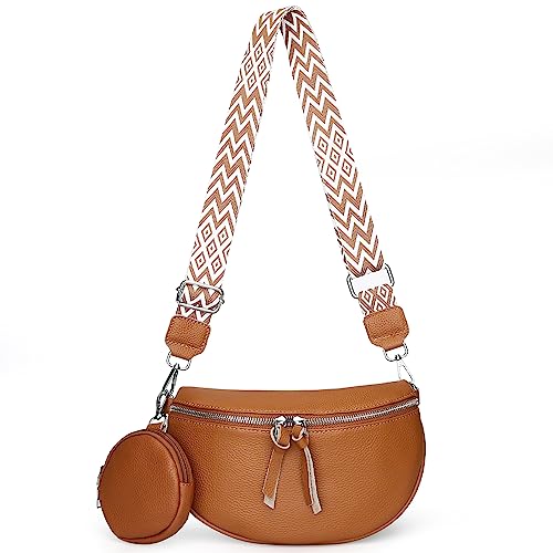 Myhozee Bauchtasche Damen Echtleder,Gürteltasche Damen,Umhängetasche & Crossbody Bag Damen Breiter Gurt-Stylisch Moderne Brusttasche Design für Festival,Reisen & Alltag,Braun von Myhozee